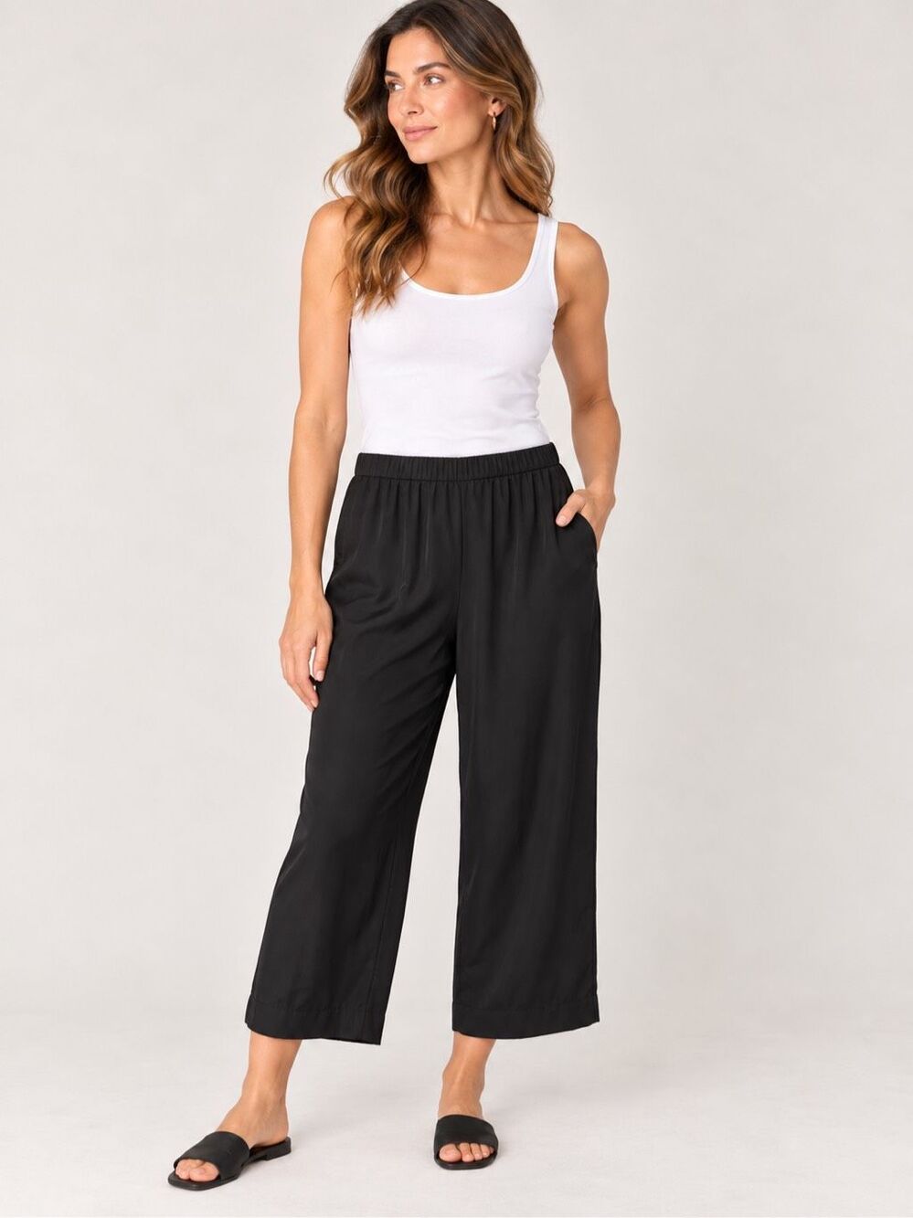Eileen Fisher System 100% Silk Pants Black Size Small Flowy Straight Leg Pull On